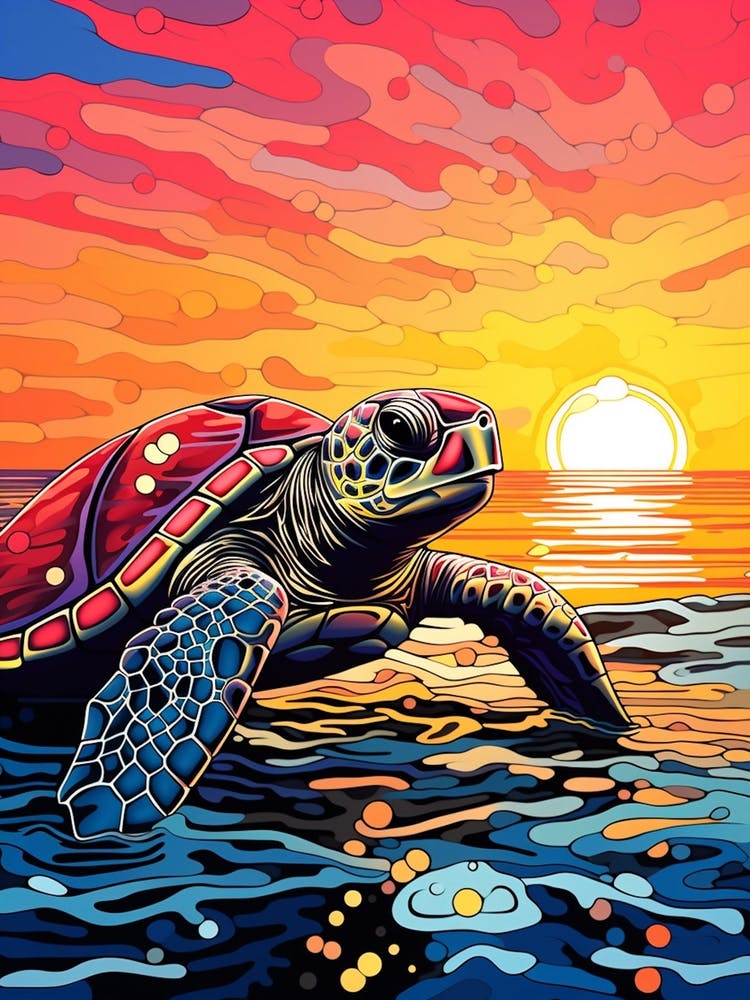 Comic Style Sea Turtle With The Sunset