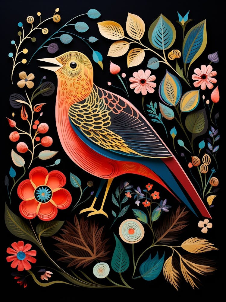 Folk Bird Illustration Hermit Thrush 1