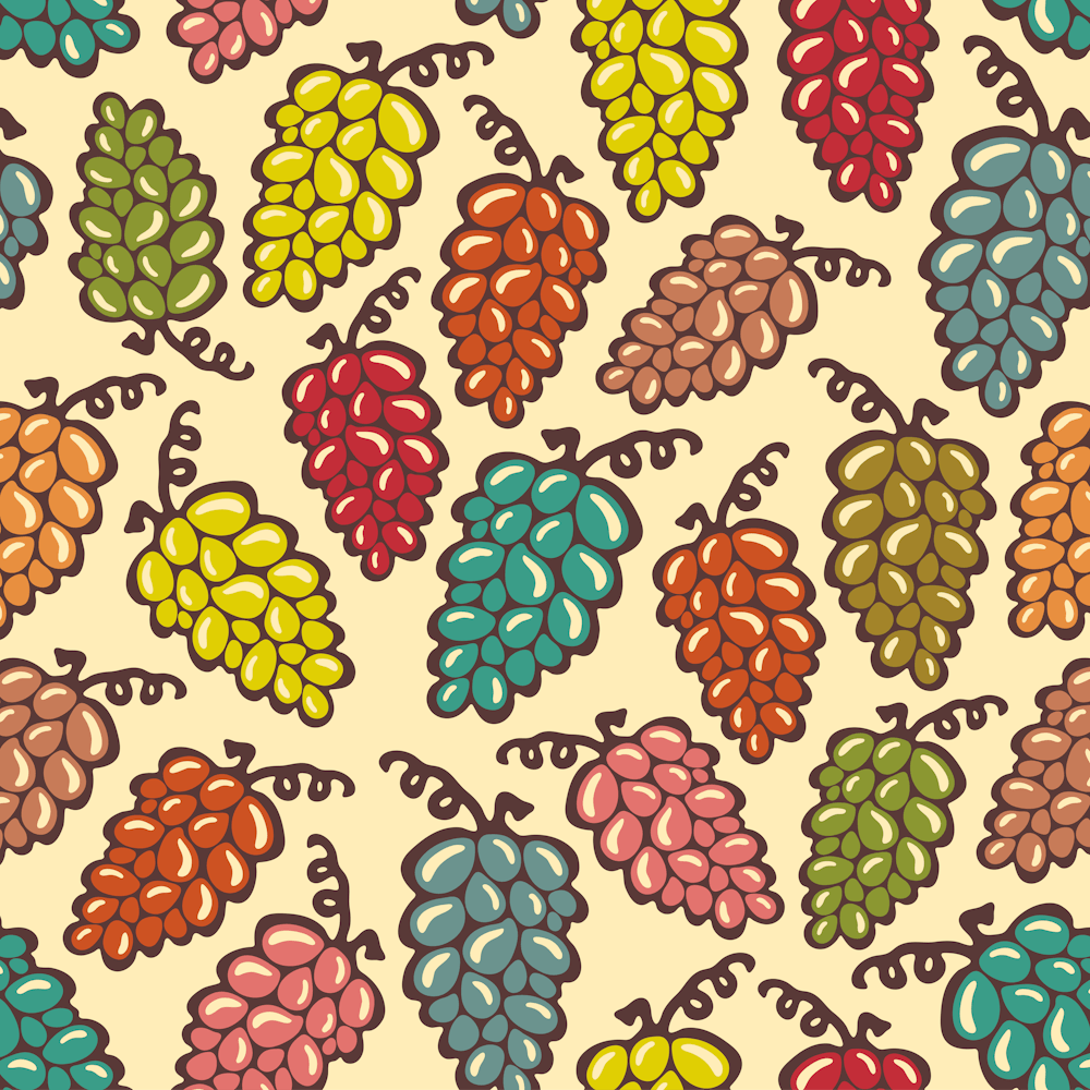 JUICY GRAPES Retro Tossed Plump Ripe Bunches of Grapes in Vintage Retro Red Turquoise Yellow Green Pink Brown on Cream