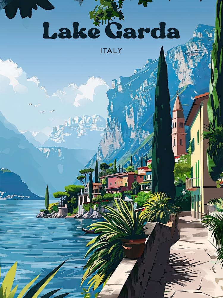 Lake Garda Vacation Destination Digital Travel Illustration