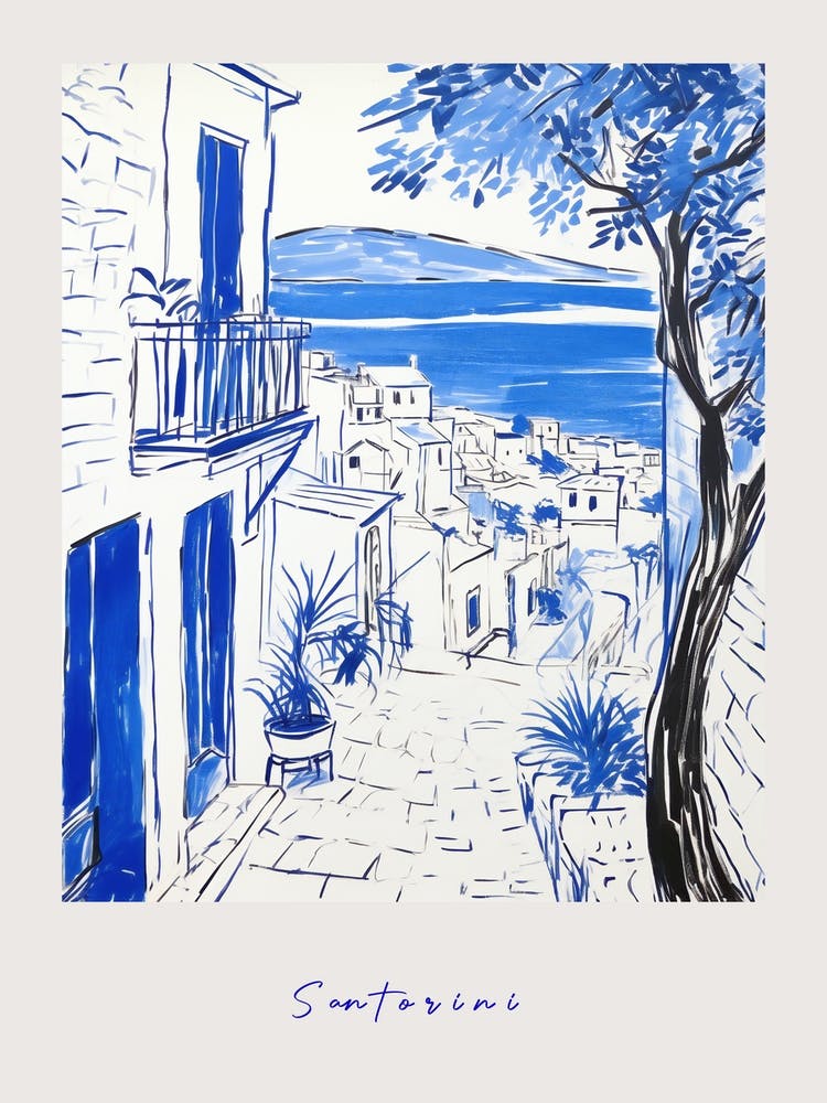 Santorini Greece 2 Mediterranean Blue Drawing Poster