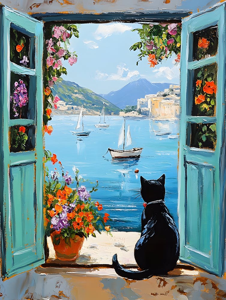 Oil Painting Black Cat Loves the Sea 11