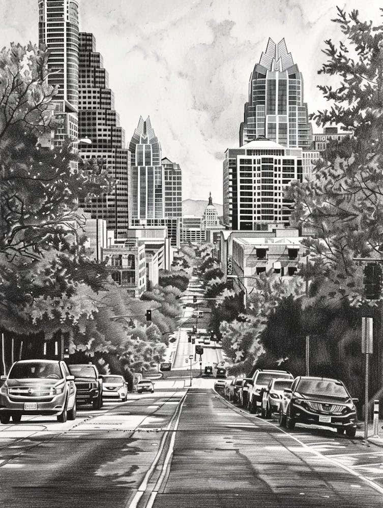 South Congress Avenue Austin Texas Black And White Drawing 1