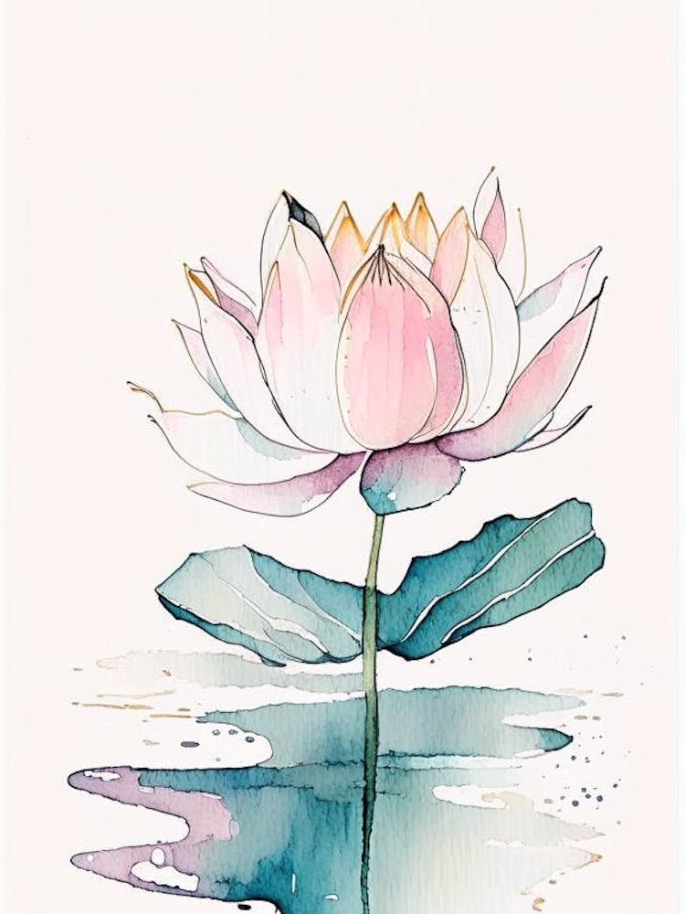 Blooming Lotus Flower In Lake Minimal Watercolour 1