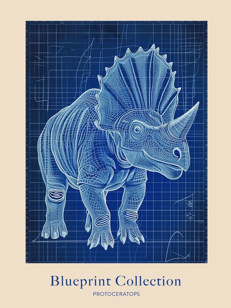 Protoceratops Dinosaur Blue Print Style Poster