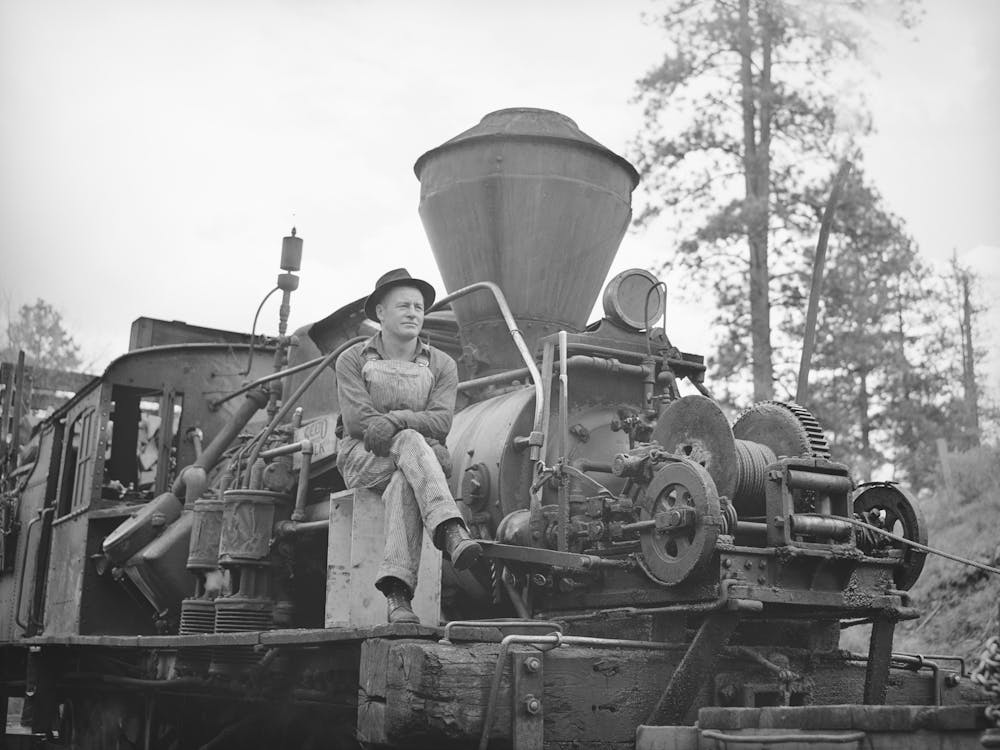 Holzfällerlokomotive und Bediener, Baker County, Oregon von Russell Lee