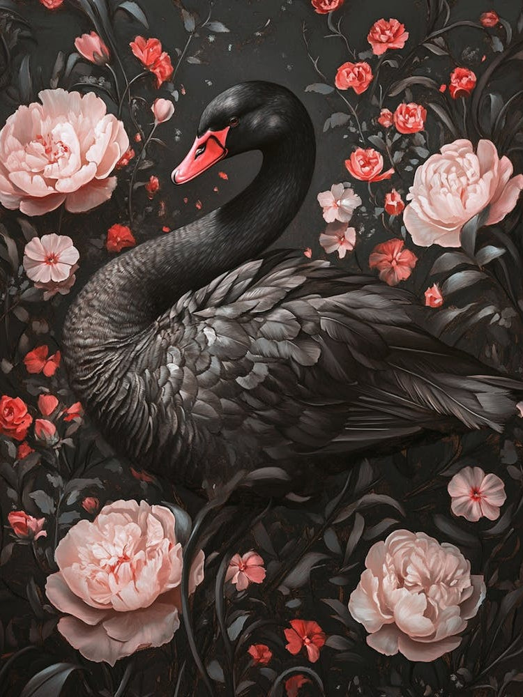 A Black Swan Surrounded By Flowers, Dark Grey Background, Rococo Style, Dreamy Realism, Pink And Red Tones, Baroque Ornamentation Surrounding, Detailed Feather Rendering, Gothic Art, Oil Painting, Dark Grey Background, Pink And Red