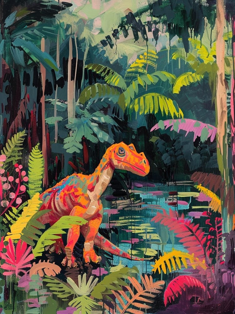 Dinosaur By The River Landscape Painting 2