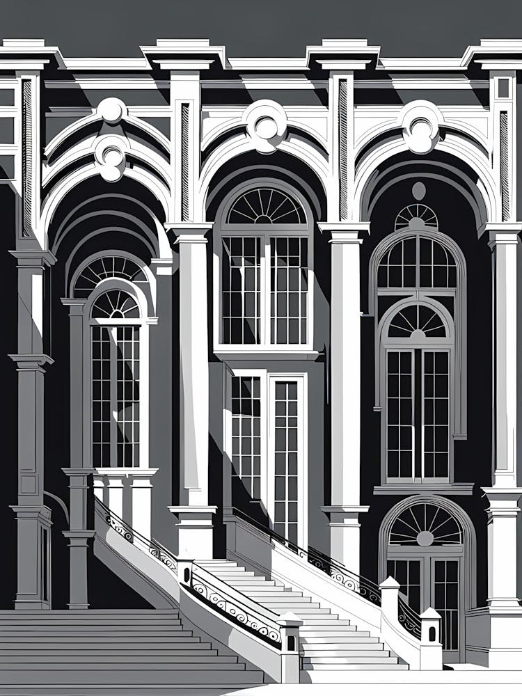 Building With Arches, black and white monochromatic art