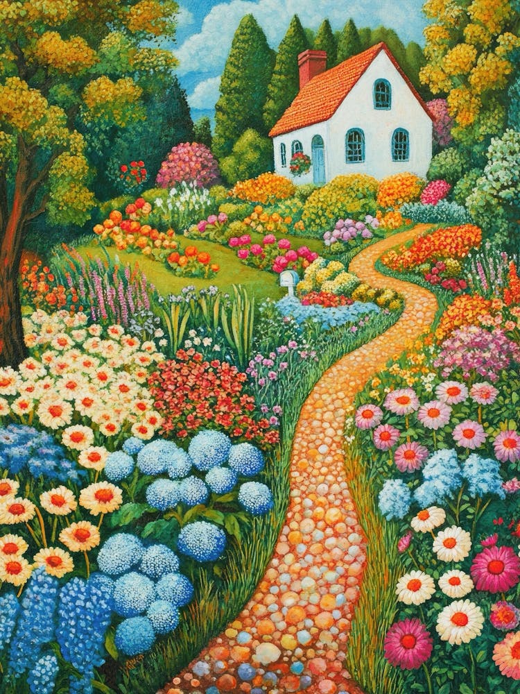 cozy painting of a Flower garden with white cottage in vivid orange, blue, pink in the style of vintage storybooks, perfect for nursery, cottagecore kitchens, or garden-themed interiors