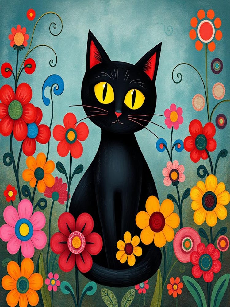 gustav Black Cat In Flowers 1