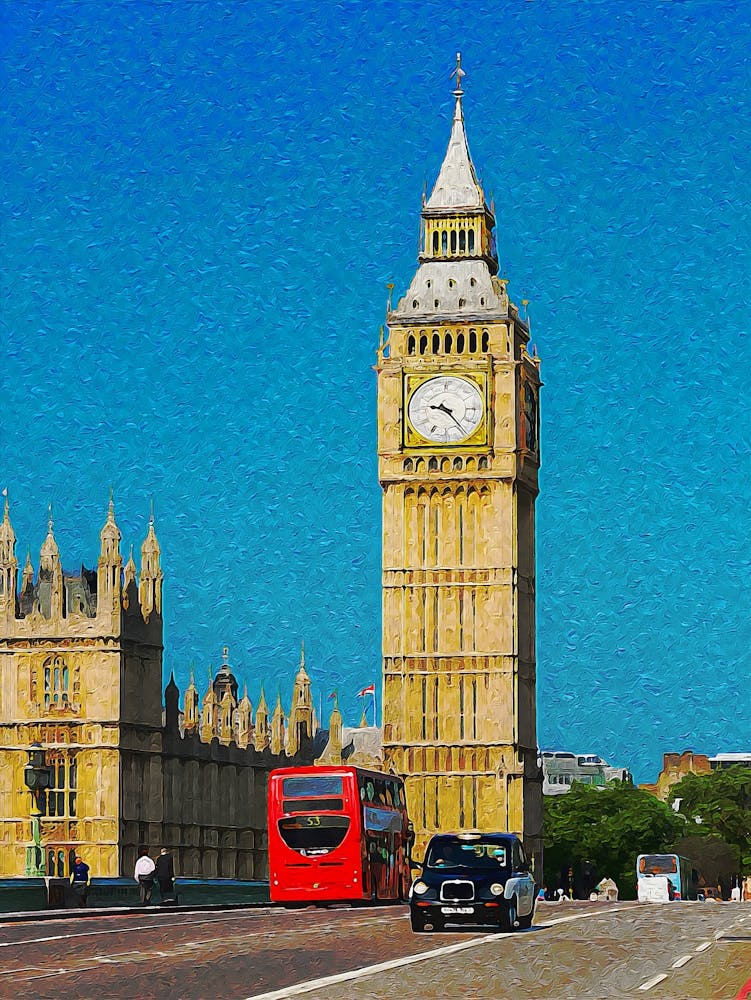 London, Big Ben And Traffic On Westminster Bridge
