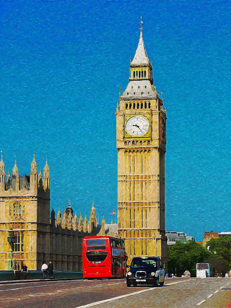 London, Big Ben And Traffic On Westminster Bridge