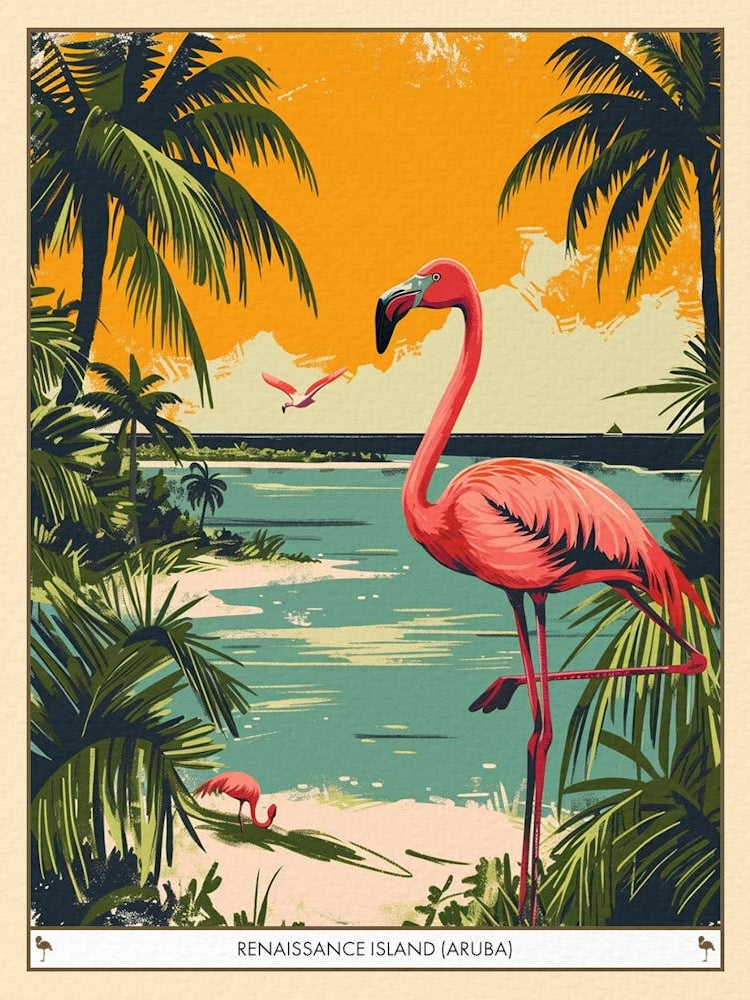 Greater Flamingo Renaissance Island Aruba Tropical Illustration 3 Poster