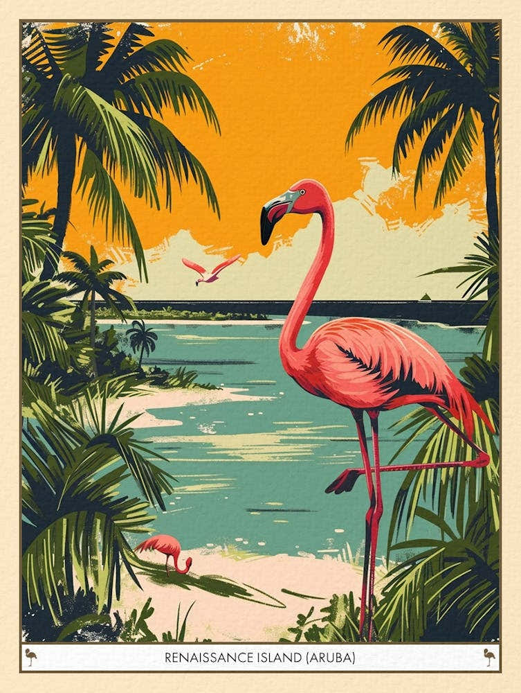 Greater Flamingo Renaissance Island Aruba Tropical Illustration 3 Poster