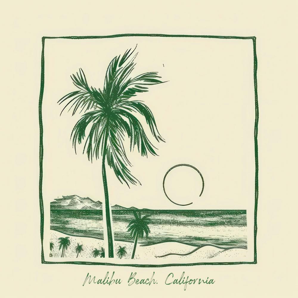 Malibu Beach, Kalifornien Grüne Line Art Illustration