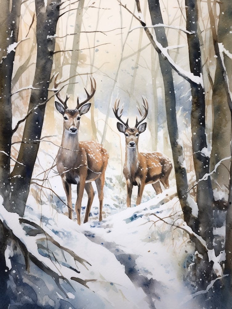 Aquarelle d'Hiver Cerf à Queue Noire