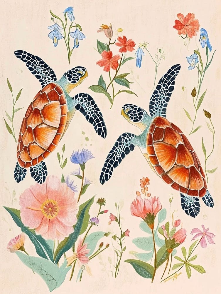 Folksy Floral Animal Drawing Turtle 1