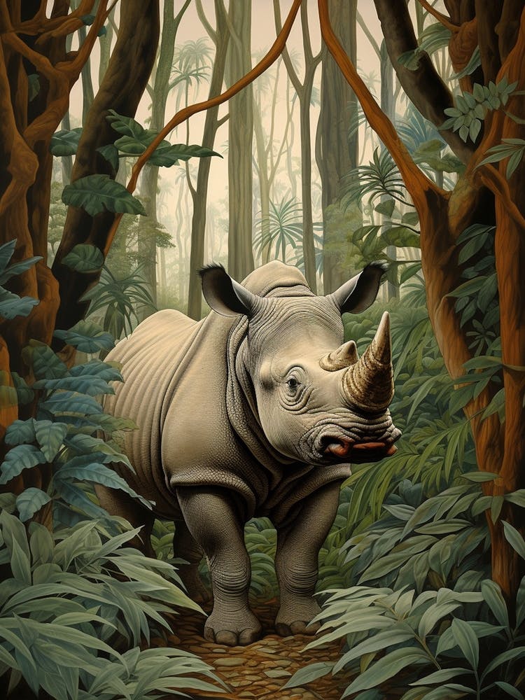 Deep In The Leaves Rhino Realistic Illustration 2