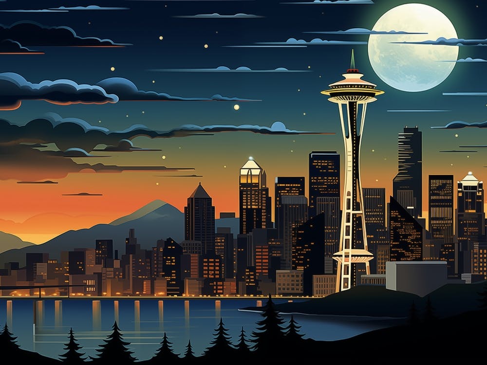 Seattle Skyline By Night Art Deco Style