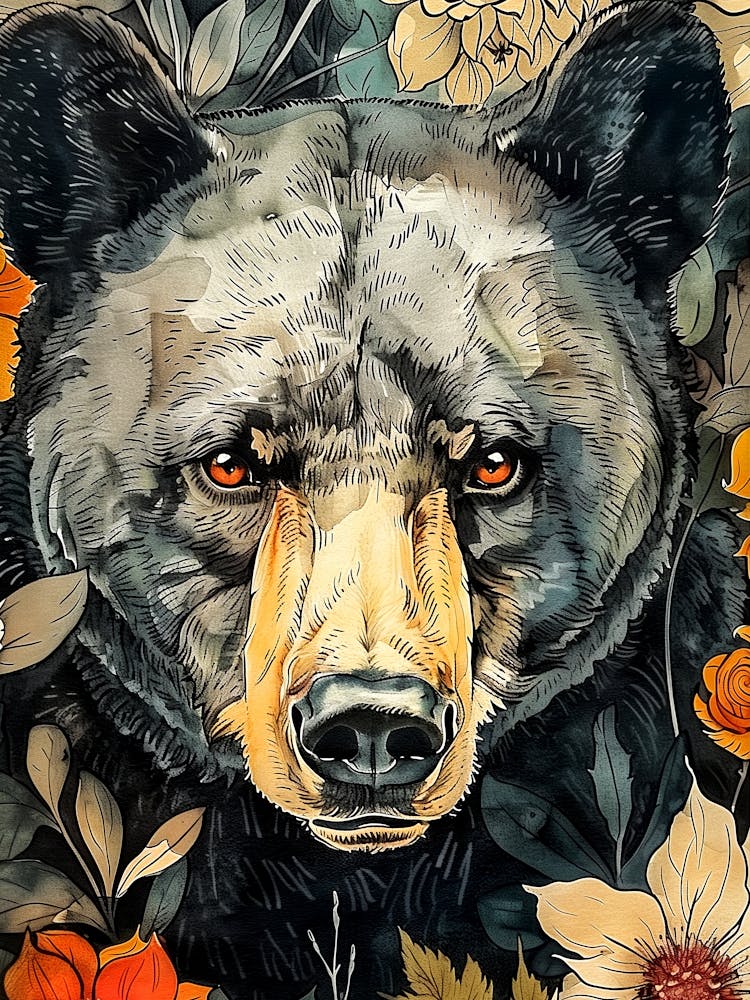Schwarzbär mit Blumen Tierkunst