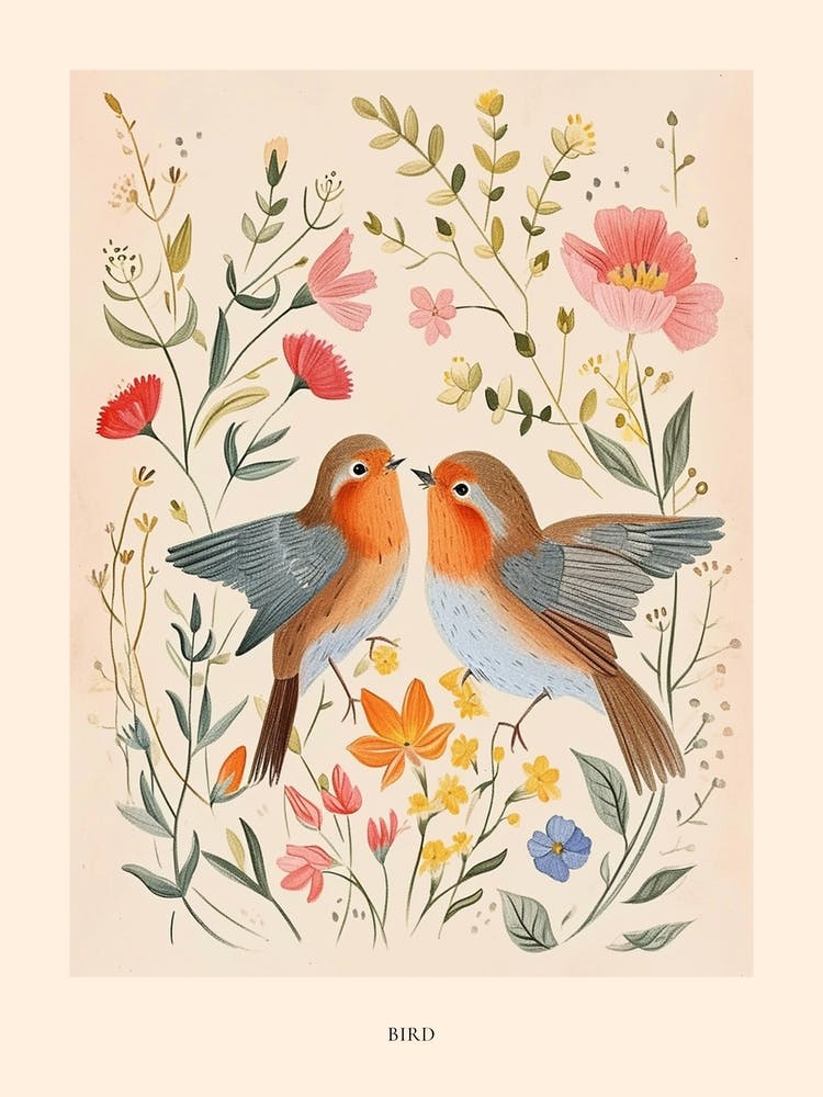 Folksy Floral Animal Drawing Bird Poster