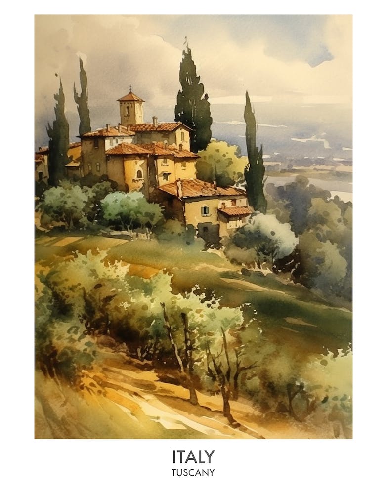 Italy, Tuscany 3 Watercolor Travel Poster