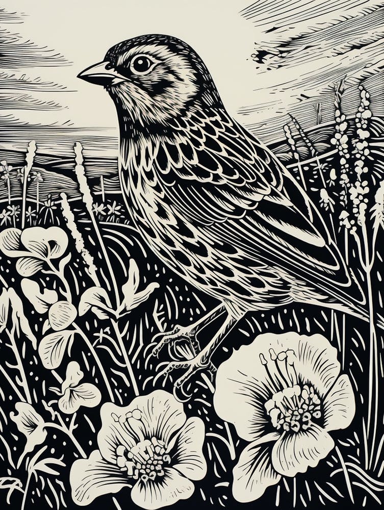 B&W Bird Linocut Yellowhammer 1