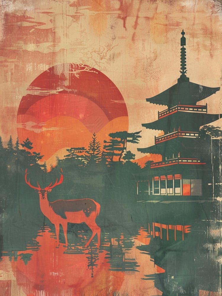 Nara Deer Park Japan - Moderne du Milieu du Siècle