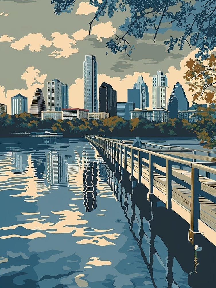 Duotone Illustration Lady Bird Lake And The Boardwalk 1