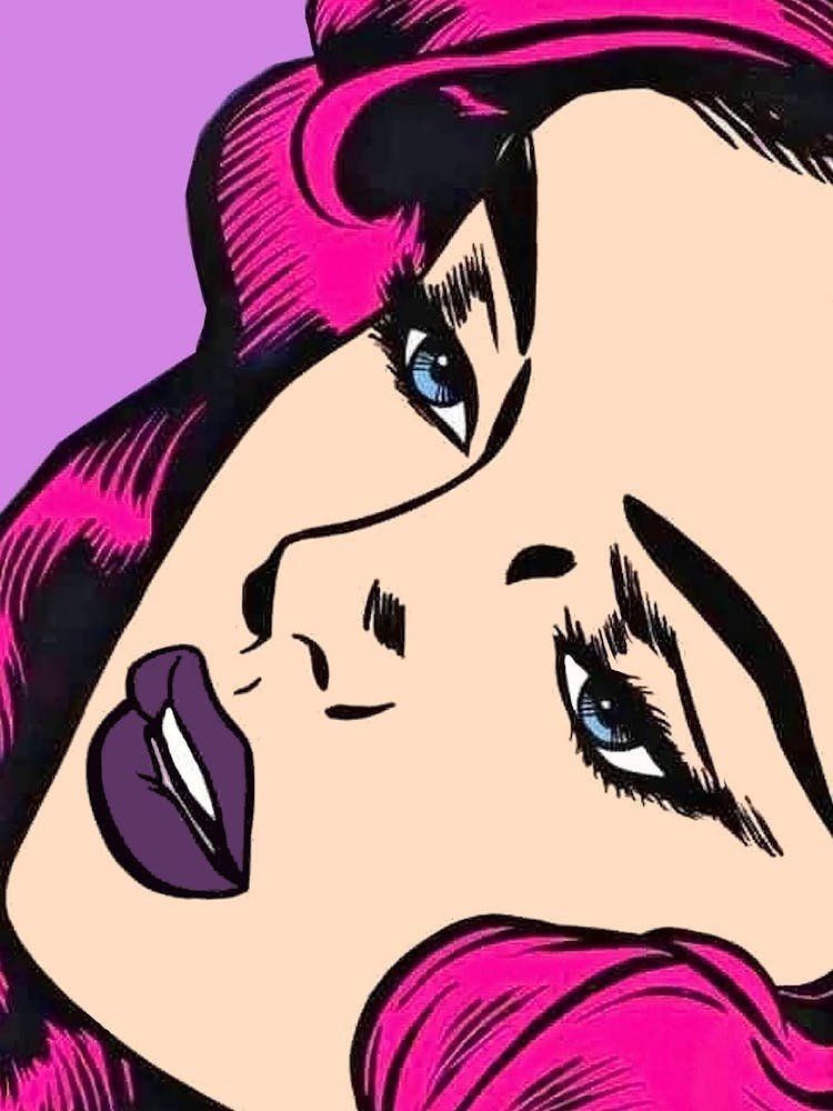 Pop Art Mädchen mit lila Haaren und Nahaufnahme Gesicht