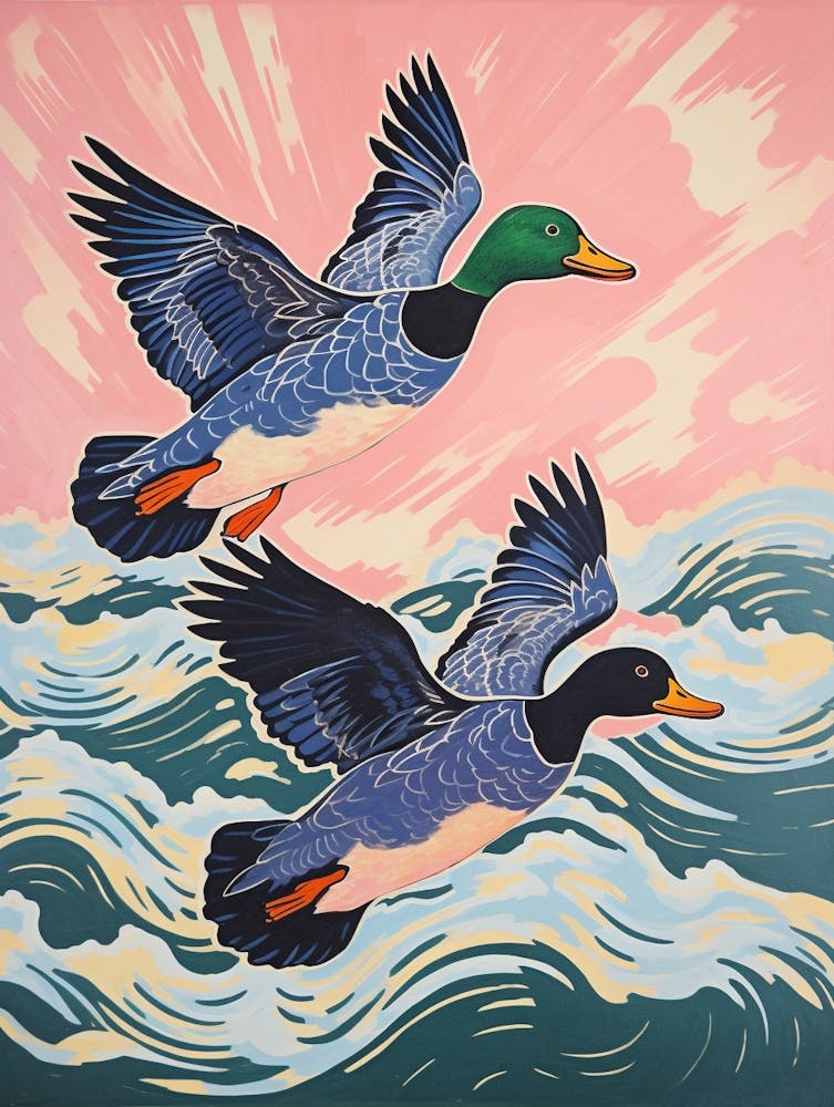 Vintage Japanese Inspired Bird Print Mallard Duck 1