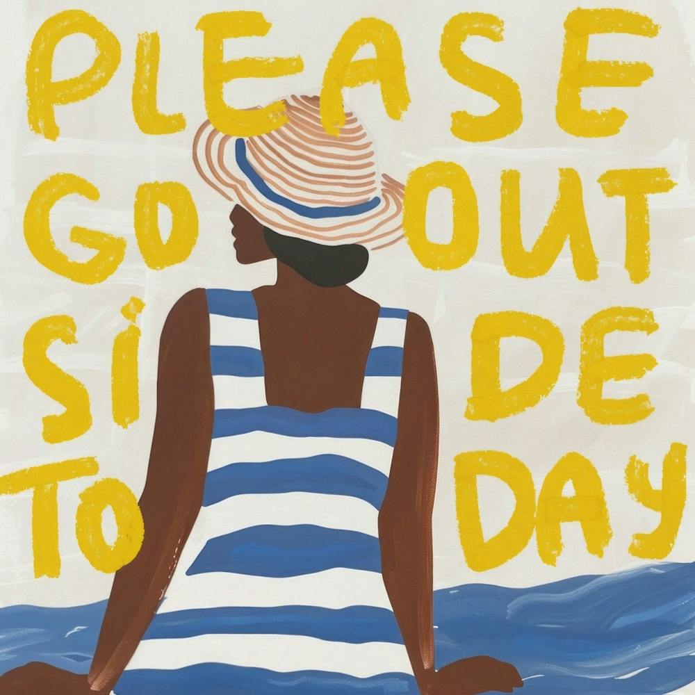 Please Go Outside Today. Black Woman Sitting on the Seashore in a Striped dress. Gouache Illustration with Quote