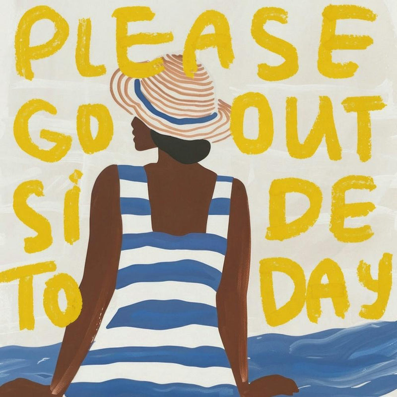 Please Go Outside Today. Black Woman Sitting on the Seashore in a Striped dress. Gouache Illustration with Quote