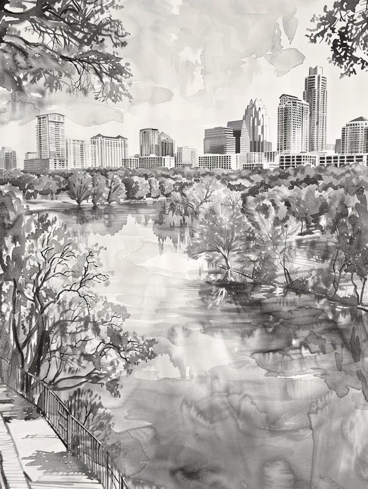Zilker Metropolitan Park Austin Texas Black And White Watercolour 4