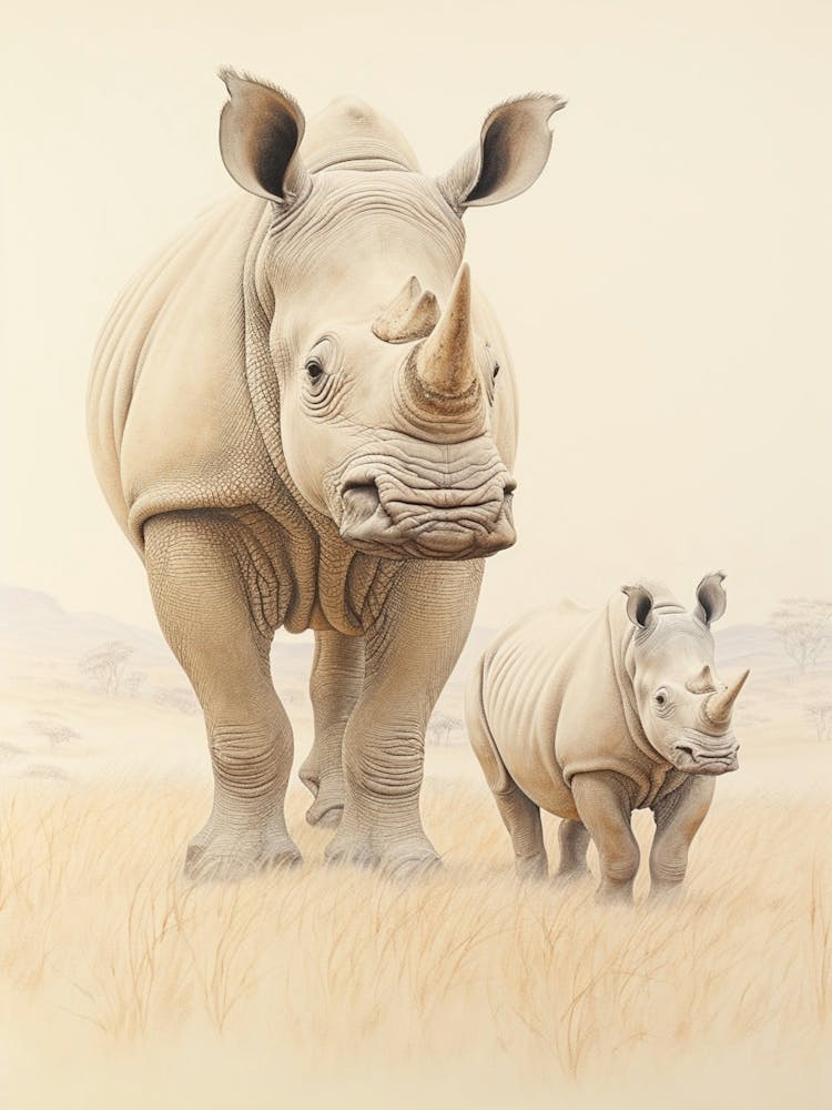Rhino & Young Rhino Walking Through The Grass Vintage Illustration