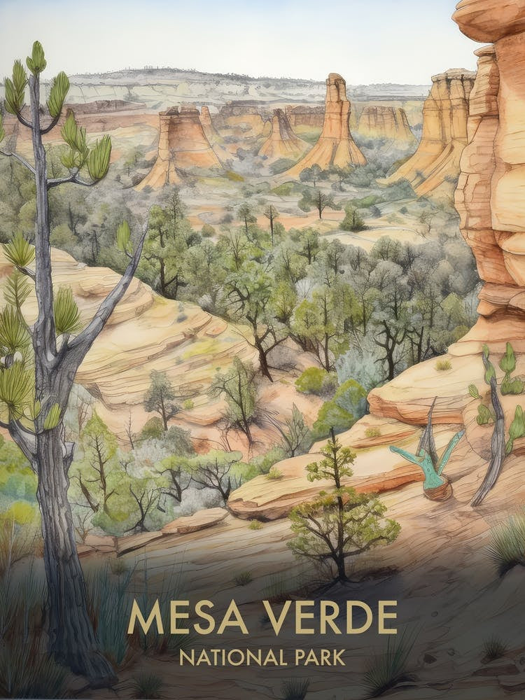 Mesa Verde National Park Watercolour Vintage Travel Poster 3
