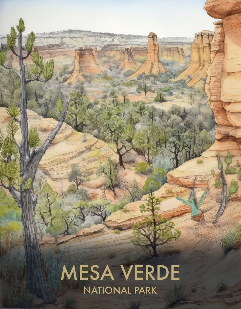 Mesa Verde National Park Watercolour Vintage Travel Poster 3