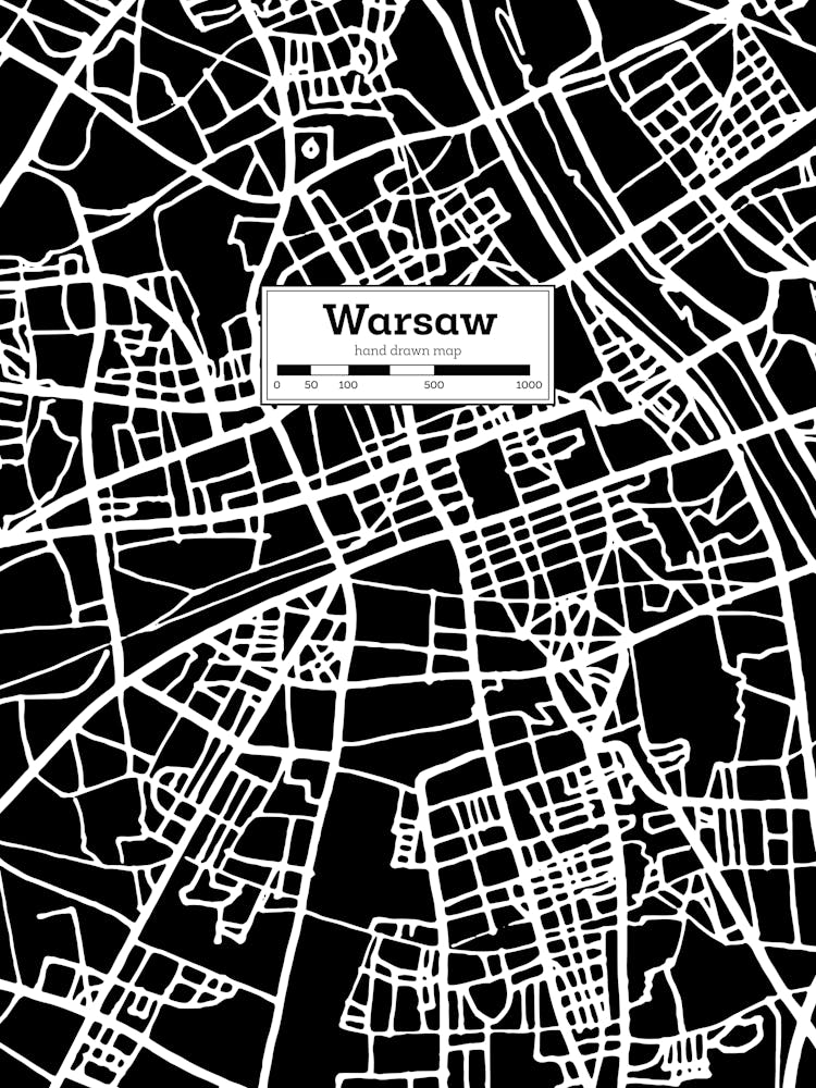 Map Of Warsaw, Poland — Hand-drawn map, vector black map