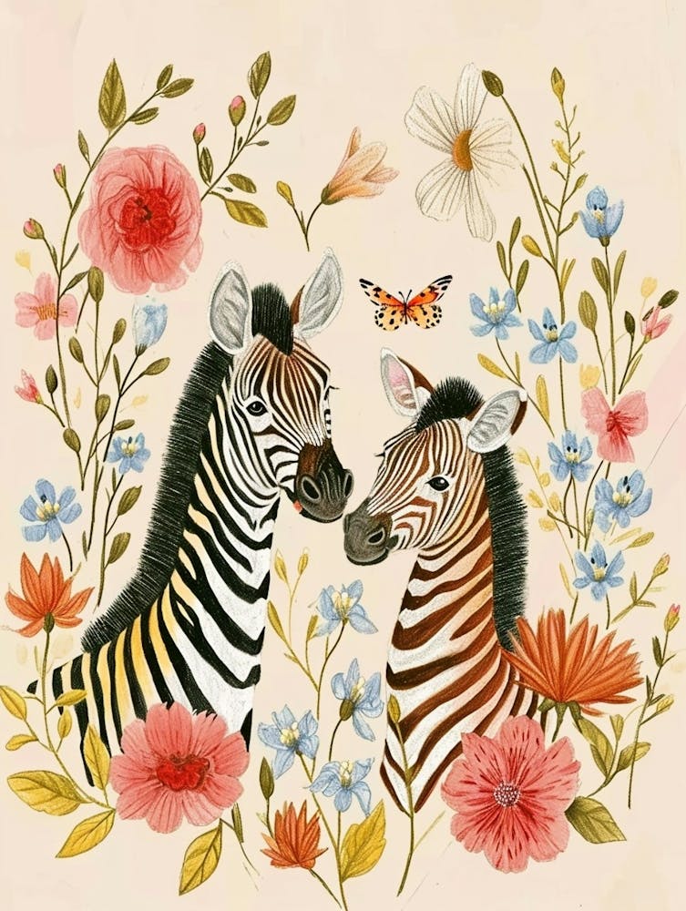 Folksy Floral Animal Drawing Zebra