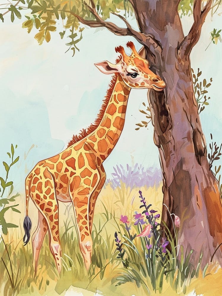 Giraffe Scratching Against The Tree Portrait 2