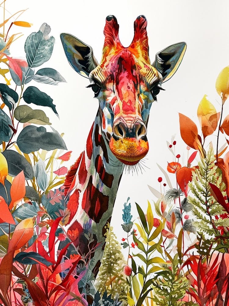 Giraffe Watercolour Portrait In The Leaves 3