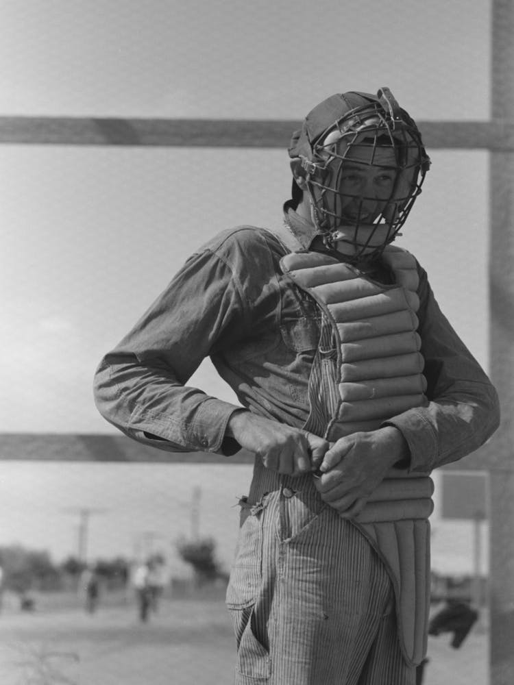 Migratory Laborers Like To Play Baseball, Here Is One Of Them In A Catchers Uniform, At The Agua Fria Migratory