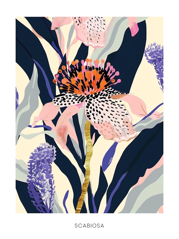 Colourful Flower Illustration Poster Scabiosa 3