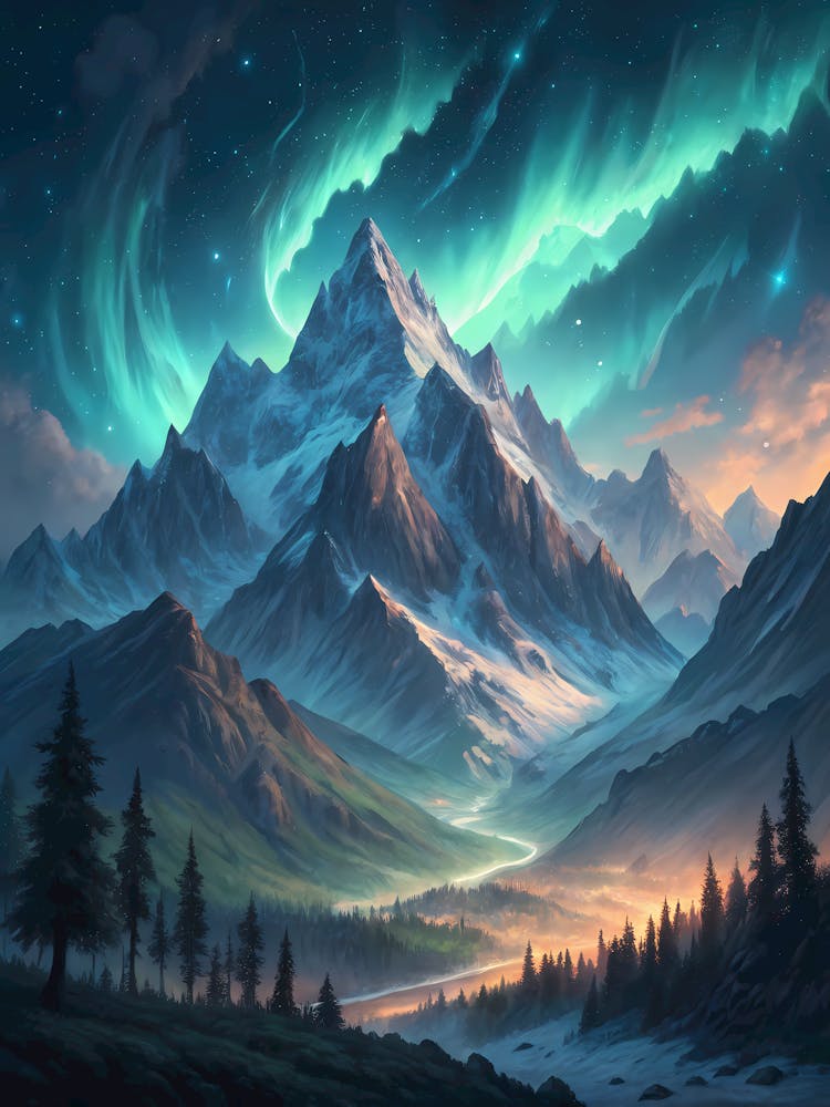 Oil Painting Style Aurora Mountain Landscape Fantasy Peaks with Northern Lights and Forest