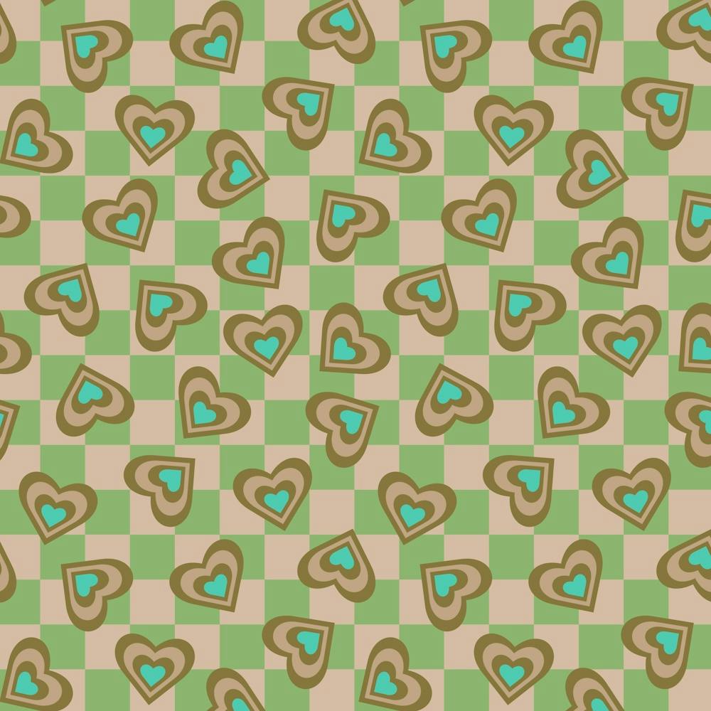 LOVE HEARTS CHECKERBOARD Tossed Retro Alt Valentines in Olive Sand Turquoise on Cream Green Geometric Grid