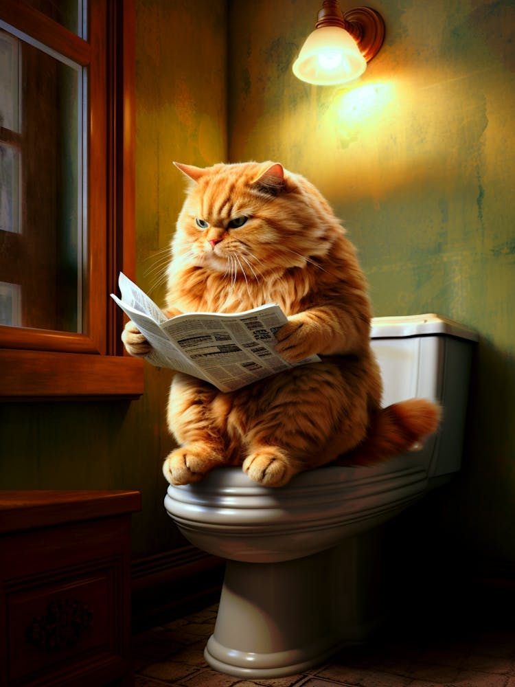 Obese Cat Reading News on Toilet