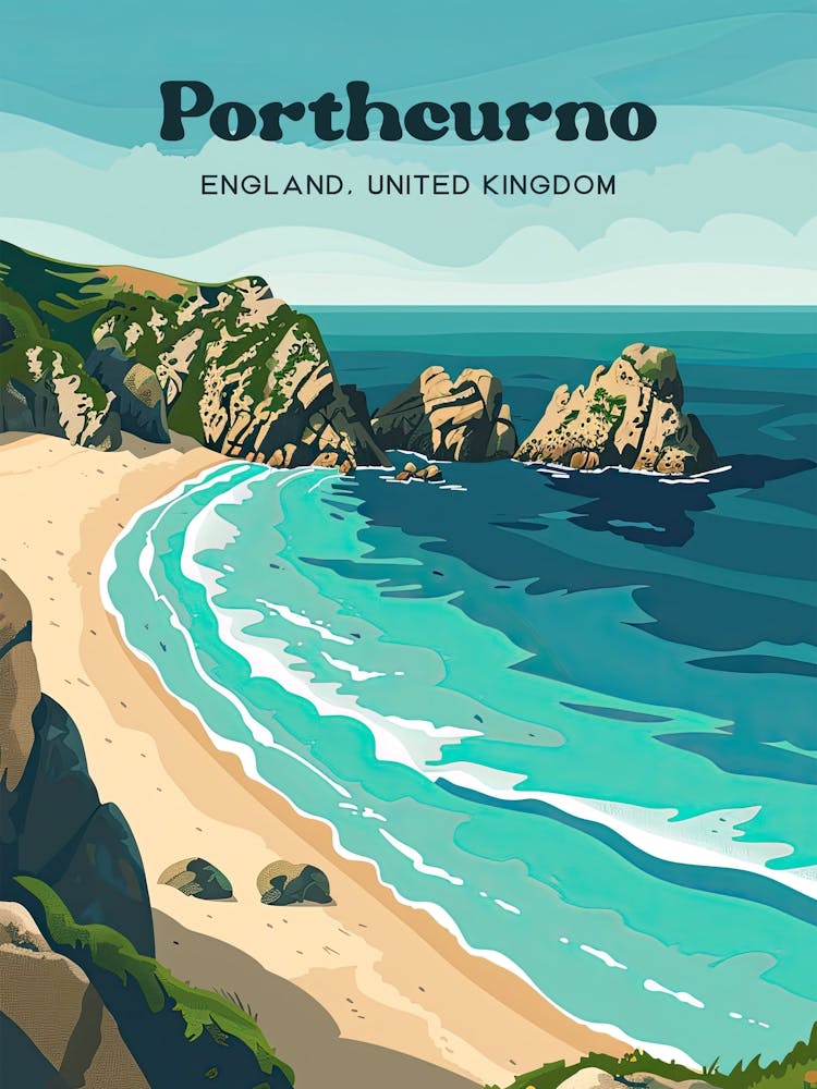 Porthcurno England Strand Digitale Reiseillustration