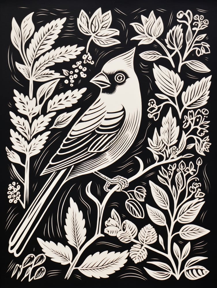 B&W Bird Linocut Cardinal 3