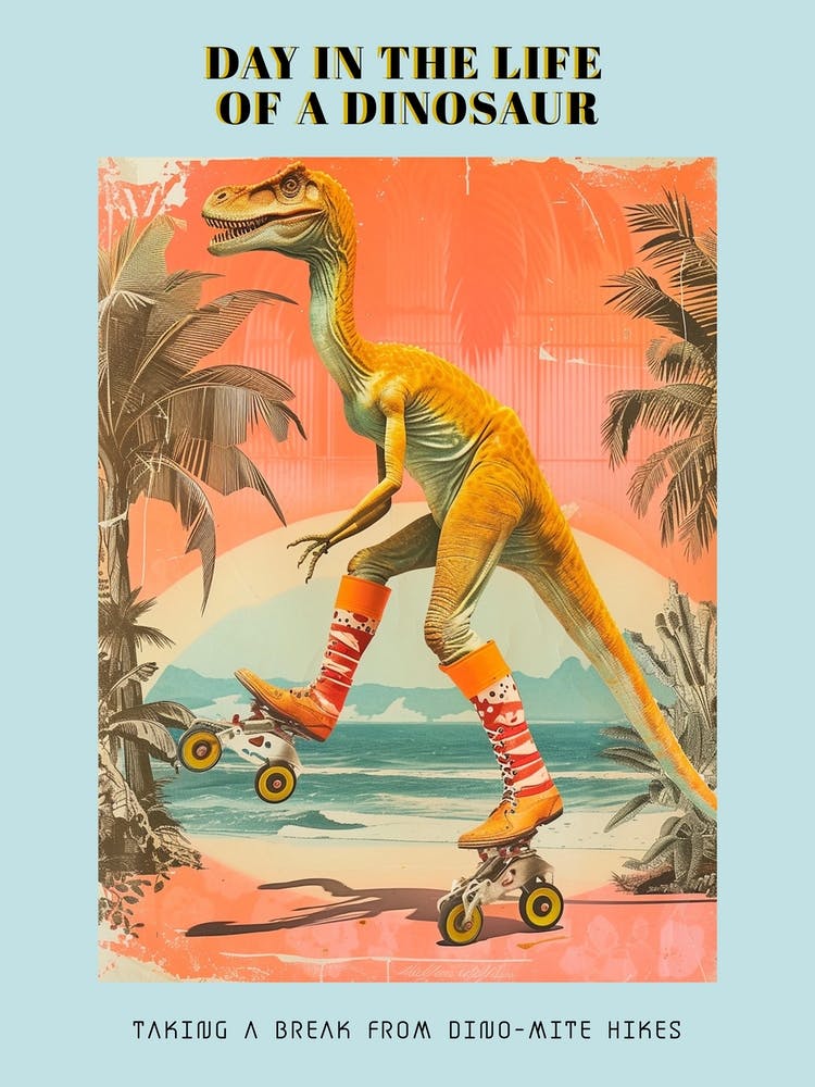 Retro Dinosaur Roller Skating 1 Poster